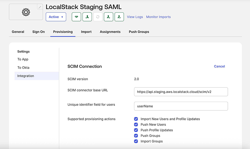 Adding the LocalStack settings for SAML application